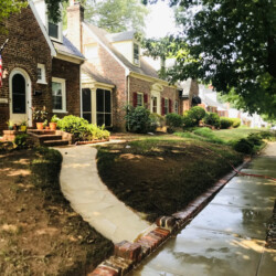 A row of brick houses along a sidewalk with a stone walkway leading to the front door of the nearest home.