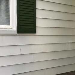 White horizontal siding on a house exterior with a window and a dark green shutter.
