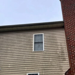 Side of a house with beige vinyl siding showing dark streaks of grime next to a red brick chimney.