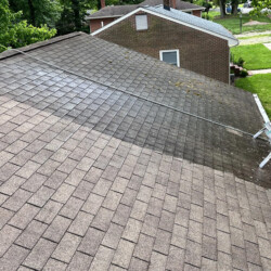 A residential roof showing a clear transition between a cleaned, light-colored section and an uncleaned, dark section.