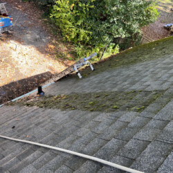 An extension ladder rests on a mossy shingled roof next to a service truck parked on the ground below.
